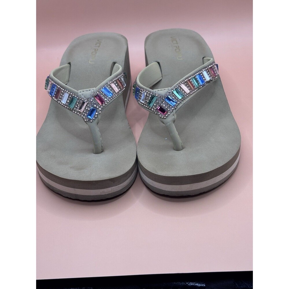 Vict Popu Flip Flops Sandals for Women Bling Rhinestones Jewel High Heel 7.5